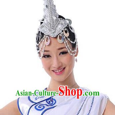 Traditional Chinese Dai Nationality Peacock Dancing Headwear, Chinese Minority Nationality Folk Dancing Headpiece Hat for Women
