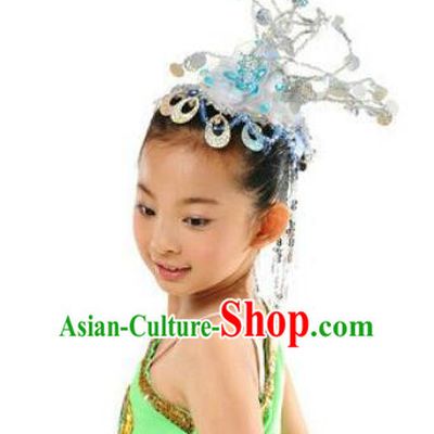 Traditional Chinese Dai Nationality Peacock Dancing Headwear, Chinese Minority Nationality Children Folk Dancing Headpiece Hat for Kids