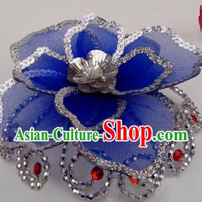 Traditional Chinese Folk Dance Headwear Yangko Hair Accessories, Chinese Classical Dance Blue Flower Headpiece Hair Pin for Women