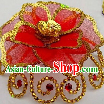 Traditional Chinese Folk Dance Headwear Yangko Hair Accessories, Chinese Classical Dance Red Flower Headpiece Hair Pin for Women