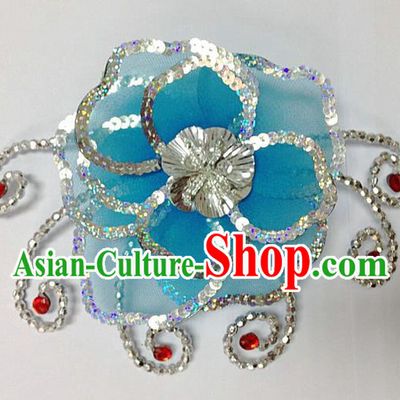Traditional Chinese Folk Dance Headwear Yangko Hair Accessories, Chinese Classical Dance Light Blue Flower Headpiece Hair Pin for Women