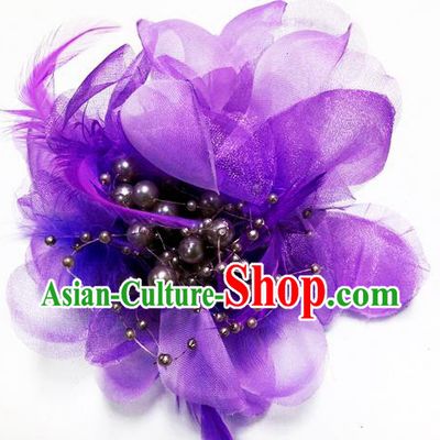 Traditional Chinese Folk Dance Headwear Yangko Hair Accessories, Chinese Classical Dance Purple Feather Headpiece Hair Pin for Women