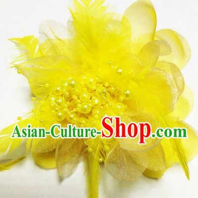 Traditional Chinese Folk Dance Headwear Yangko Hair Accessories, Chinese Classical Dance Yellow Feather Headpiece Hair Pin for Women