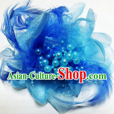 Traditional Chinese Folk Dance Headwear Yangko Hair Accessories, Chinese Classical Dance Blue Feather Headpiece Hair Pin for Women