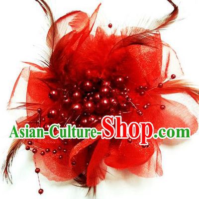 Traditional Chinese Folk Dance Headwear Yangko Hair Accessories, Chinese Classical Dance Red Feather Headpiece Hair Pin for Women