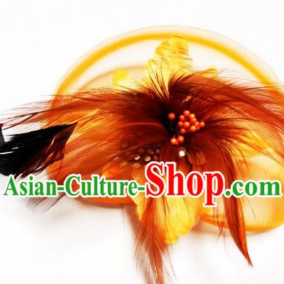 Traditional Chinese Folk Dance Headwear Yangko Hair Accessories, Chinese Classical Dance Orange Feather Veil Headpiece Hair Pin for Women