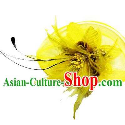Traditional Chinese Folk Dance Headwear Yangko Hair Accessories, Chinese Classical Dance Yellow Feather Veil Headpiece Hair Pin for Women