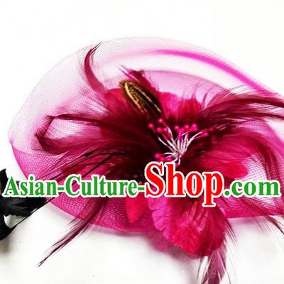 Traditional Chinese Folk Dance Headwear Yangko Hair Accessories, Chinese Classical Dance Wine Red Feather Veil Headpiece Hair Pin for Women