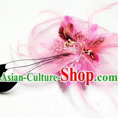 Traditional Chinese Folk Dance Headwear Yangko Hair Accessories, Chinese Classical Dance Pink Feather Veil Headpiece Hair Pin for Women