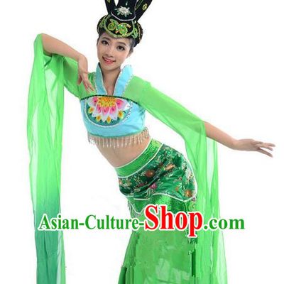 Traditional Chinese Classical Dance Flying Dance Water Sleeve Costume, Folk Dance Drum Dance Uniform Yangko Green Dress for Women
