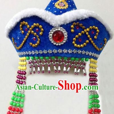 Traditional Chinese Mongol Nationality Dance Headwear, Chinese Mongolian Minority Nationality Folk Dancing Blue Hat for Kids