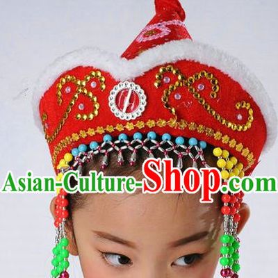 Traditional Chinese Mongol Nationality Dance Headwear, Chinese Mongolian Minority Nationality Folk Dancing Red Hat for Kids