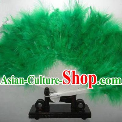 Traditional Chinese Folk Dance Fan, Chinese Classical Dance Green Feather Fans for Women