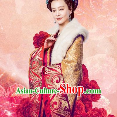 Traditional Chinese Ancient Song Dynasty Imperial Empress Dowager Costume and Headpiece Complete Set, Chinese Teleplay Flower Shabana Flyings Sky Queen Mother Embroidered Dress for Women