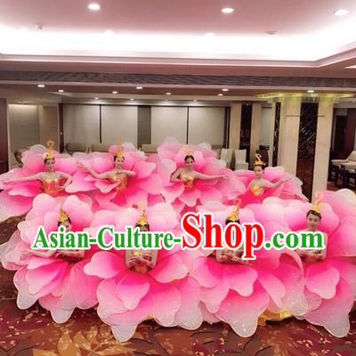 Traditional Chinese Modern Dancing Compere Costume, Women Opening Classic Chorus Singing Group Dance Uniforms, Modern Dance Classic Dance Pink Flowers Dress for Women