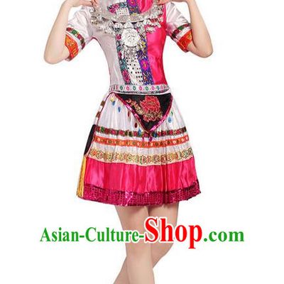Traditional Chinese Miao Nationality Dancing Costume, Zhuang Zu Female Folk Dance Ethnic Pleated Skirt, Chinese Yi Minority Nationality Costume for Women