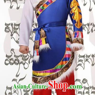 Traditional Chinese Zang Nationality Dancing Costume, Tibetan Folk Dance Dress, Chinese Tibetan Minority Nationality Blue Clothing for Men