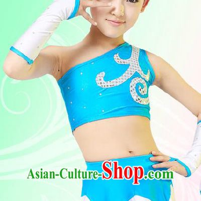 Chinese Modern Dance Costume, Children Opening Classic Chorus Singing Group Uniforms, Modern Dance Blue Gym Suit for Girls Kids