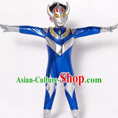 Chinese Modern Dance Costume, Children Cosplay Ultraman Uniforms, Halloween Party Blue Suit for Boys Kids