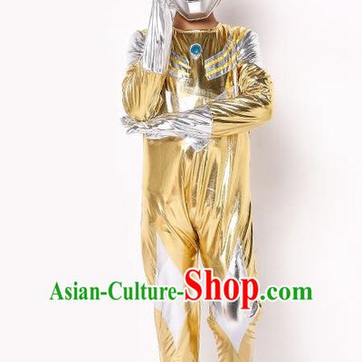 Chinese Modern Dance Costume, Children Cosplay Ultraman Uniforms, Halloween Party Golden Suit for Boys Kids