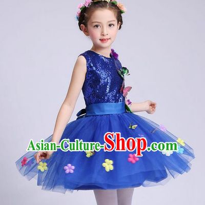 Chinese Modern Dance Compere Performance Costume, Children Opening Dance Chorus Dress, Classic Dance Blue Veil Bubble Dress for Girls Kids
