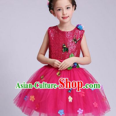 Chinese Modern Dance Compere Performance Costume, Children Opening Dance Chorus Dress, Classic Dance Pink Veil Bubble Dress for Girls Kids