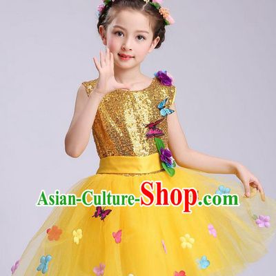 Chinese Modern Dance Compere Performance Costume, Children Opening Dance Chorus Dress, Classic Dance Yellow Veil Bubble Dress for Girls Kids