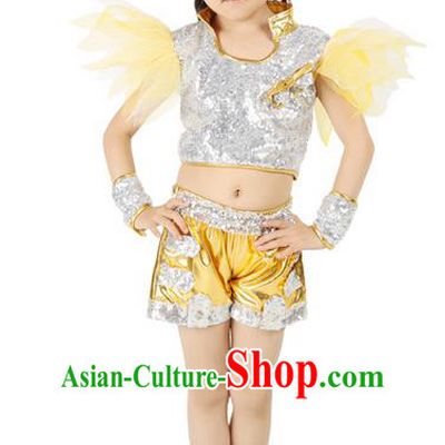 Chinese Modern Dance Costume, Children Opening Classic Chorus Uniforms, Jazz Dance Yellow Paillette Suit for Girls Kids