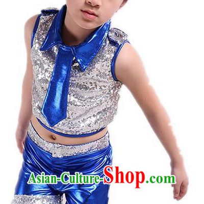 Chinese Modern Dance Costume, Children Opening Classic Chorus Uniforms, Jazz Dance Blue Paillette Suit for Boys Kids