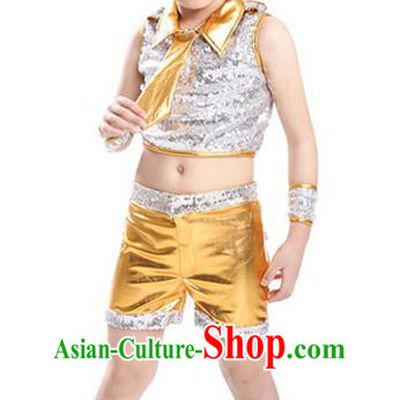 Chinese Modern Dance Costume, Children Opening Classic Chorus Uniforms, Jazz Dance Yellow Paillette Suit for Boys Kids