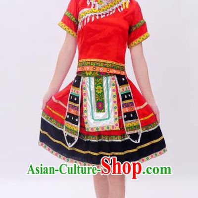 Traditional Chinese Yao Nationality Dancing Costume, Tujia Zu Female Folk Dance Ethnic Pleated Skirt, Chinese Yao Minority Nationality Costume for Women