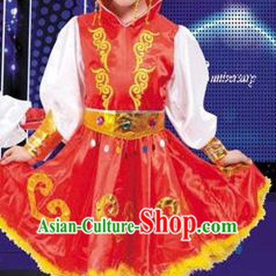 Traditional Chinese Mongol Nationality Dancing Costume, Mongols Children Folk Dance Ethnic Pleated Skirt, Chinese Minority Nationality Red Dress for Kids
