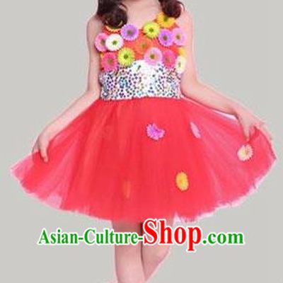 Traditional Chinese Modern Dance Compere Performance Costume, Children Opening Dance Chorus Flowers Dress, Classic Dance Red Bubble Dress for Girls Kids