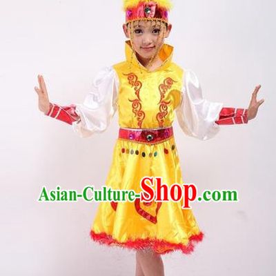Traditional Chinese Mongol Nationality Dancing Costume, Mongols Children Folk Dance Ethnic Pleated Skirt, Chinese Minority Nationality Yellow Dress for Kids