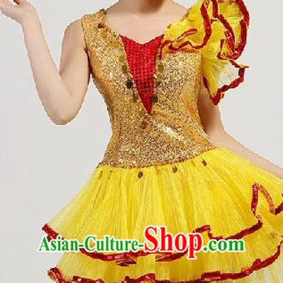 Chinese Compere Performance Costume, Opening Dance Chorus Dress, Modern Dance Classic Dance Yellow Bubble Dress for Women