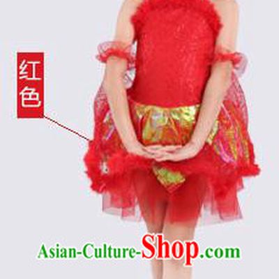 Top Compere Performance Catwalks Costume, Children Chorus Red Dress with Wings, Modern Dance Princess Short Red Bubble Dress for Girls Kids
