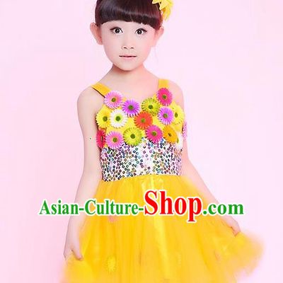 Traditional Chinese Modern Dance Compere Performance Costume, Children Opening Dance Chorus Flowers Dress, Classic Dance Yellow Bubble Dress for Girls Kids