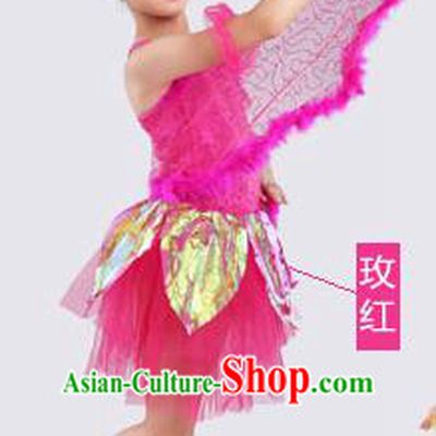 Top Compere Performance Catwalks Costume, Children Chorus Red Dress with Wings, Modern Dance Princess Short Pink Bubble Dress for Girls Kids