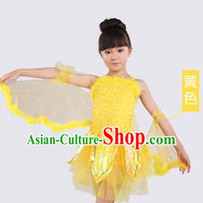 Top Compere Performance Catwalks Costume, Children Chorus Red Dress with Wings, Modern Dance Princess Short Yellow Bubble Dress for Girls Kids