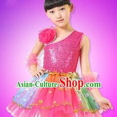 Top Compere Performance Catwalks Costume, Children Chorus Red Dress, Modern Dance Princess Red Veil Bubble Dress for Girls Kids