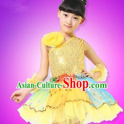 Top Compere Performance Catwalks Costume, Children Chorus Red Dress, Modern Dance Princess Yellow Veil Bubble Dress for Girls Kids