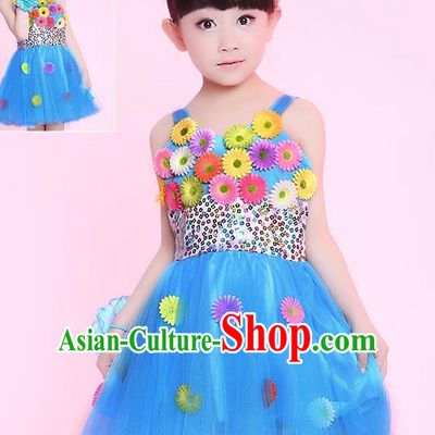 Traditional Chinese Modern Dance Compere Performance Costume, Children Opening Dance Chorus Flowers Dress, Classic Dance Blue Bubble Dress for Girls Kids