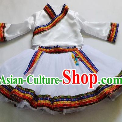 Traditional Chinese Zang Nationality Dancing Costume, Tibetan Children Folk Dance Ethnic Pleated Skirt, Chinese Tibetan Minority White Dress for Kids