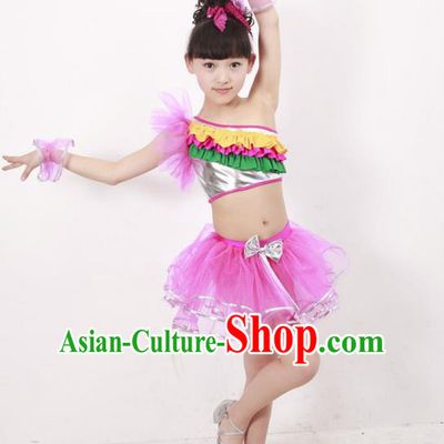 Top Compere Performance Catwalks Costume, Children Chorus Dress, Modern Latin Dance Pink Veil Bubble Dress for Girls Kids