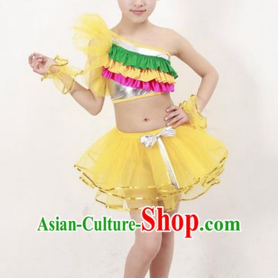 Top Compere Performance Catwalks Costume, Children Chorus Dress, Modern Latin Dance Yellow Veil Bubble Dress for Girls Kids