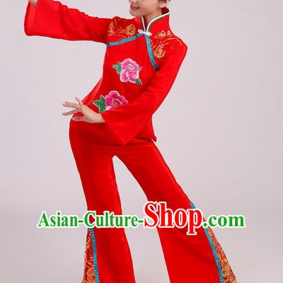 Traditional Chinese Yangge Fan Dancing Costume, Folk Dance Yangko Mandarin Sleeve Uniform Drum Dance Red Clothing for Women
