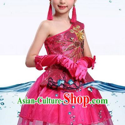 Traditional Chinese Modern Dance Compere Performance Costume, Children Opening Dance Chorus One-shoulder Dress, Classic Dance Pink Bubble Dress for Girls Kids