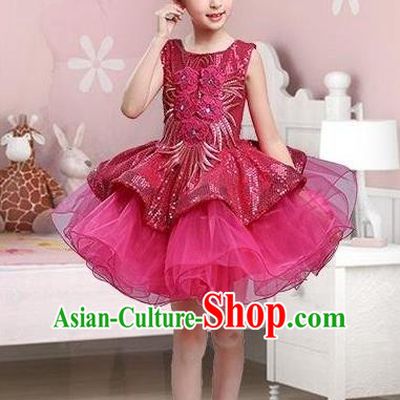Traditional Chinese Modern Dance Compere Performance Costume, Children Opening Dance Chorus Dress, Classic Dance Wine Red Bubble Dress for Girls Kids