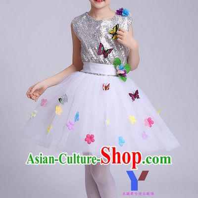 Traditional Chinese Modern Dance Compere Performance Costume, Children Opening Dance Chorus Dress, Classic Dance White Veil Bubble Dress for Girls Kids