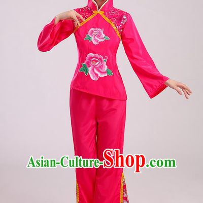Traditional Chinese Yangge Fan Dancing Costume, Folk Dance Yangko Mandarin Sleeve Uniform Drum Dance Rose Clothing for Women